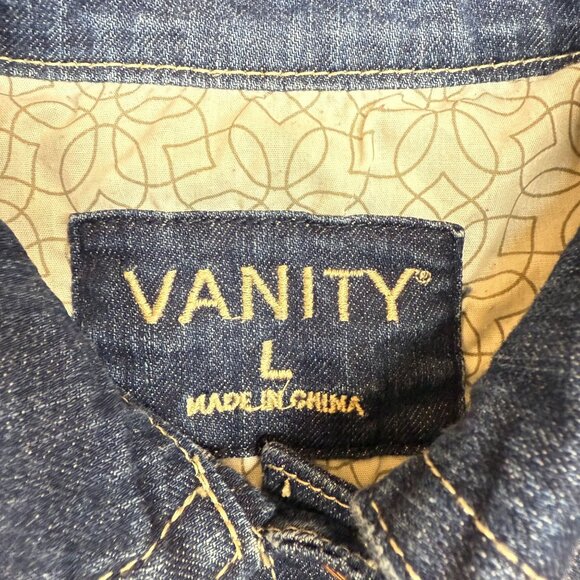 ✅Womens L Vanity Jean Jacket Blue Denim Button Up Pockets Dark Wash Distressed - Picture 3 of 10